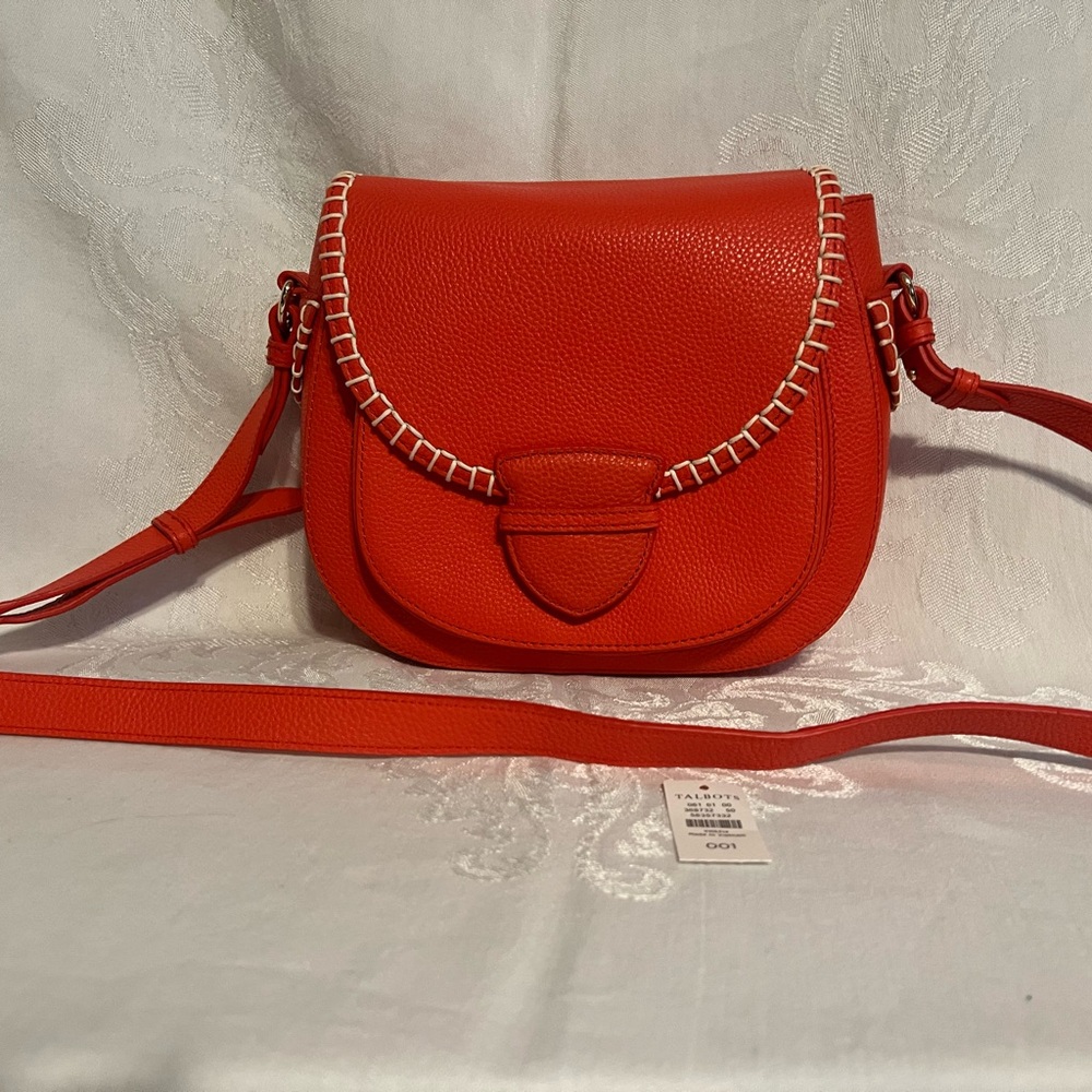Talbots orange pebbled leather crossbody with white leather stitching trim